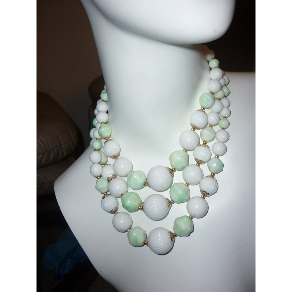 Vintage Multi Strand White Green Beaded Necklace Gold Tone Clasp Women